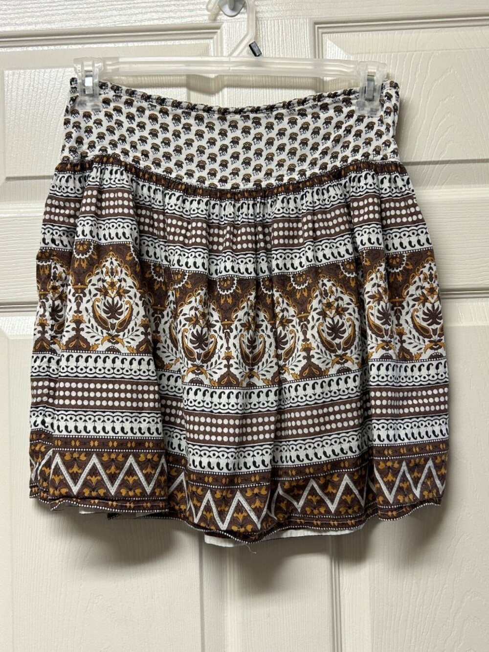 Boho Chic Blue Plate Cotton Skirt Brown White Geometric Print Sz M Short Cottage